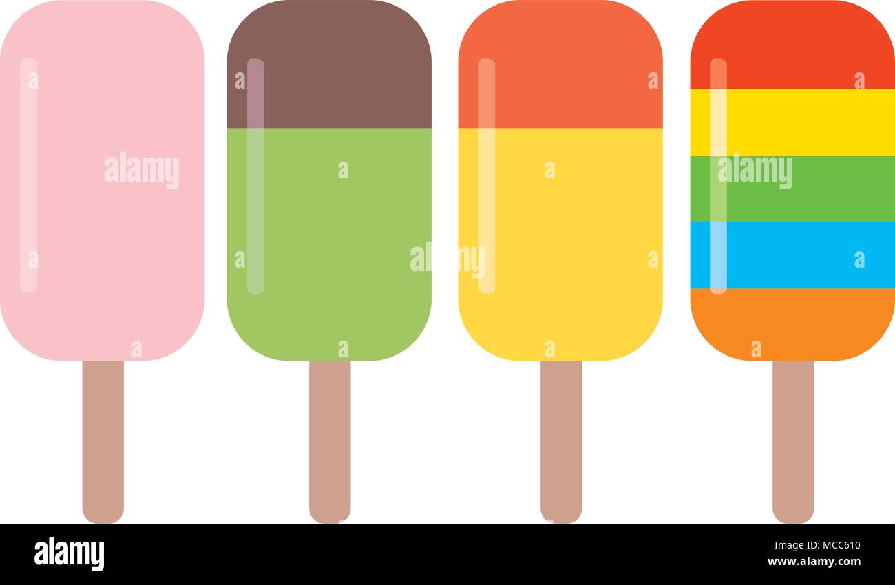 Quattro diversi colorato gustosi gelati con stecco, illustrazione isolato su bianco Illustrazione Vettoriale
