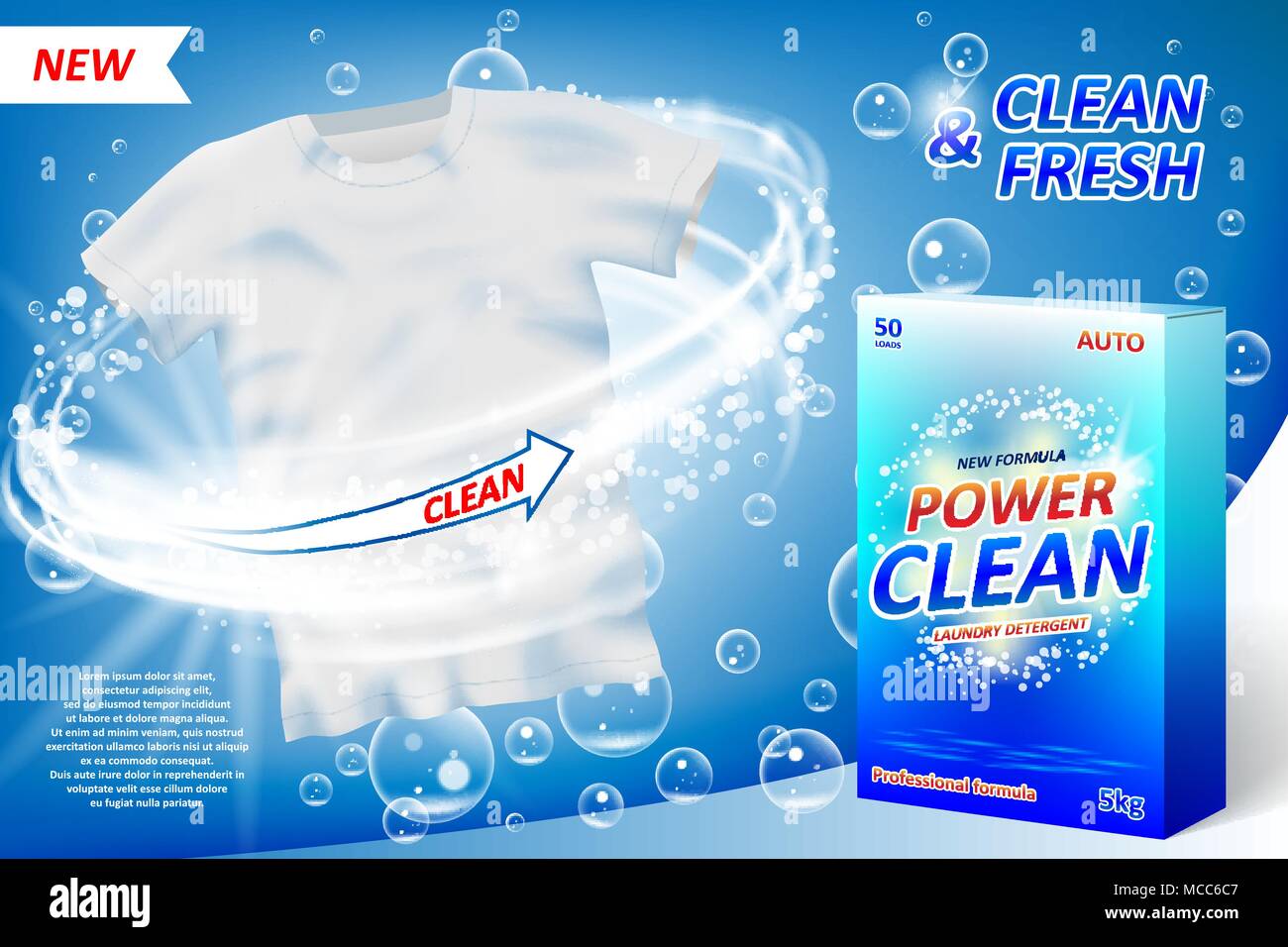 Detergente per lavanderia inserzionista. Smacchiatore package design per la pubblicità con bolle di sapone. Detergente per lavaggio di banner con camicia pulita sul backgro blu Illustrazione Vettoriale