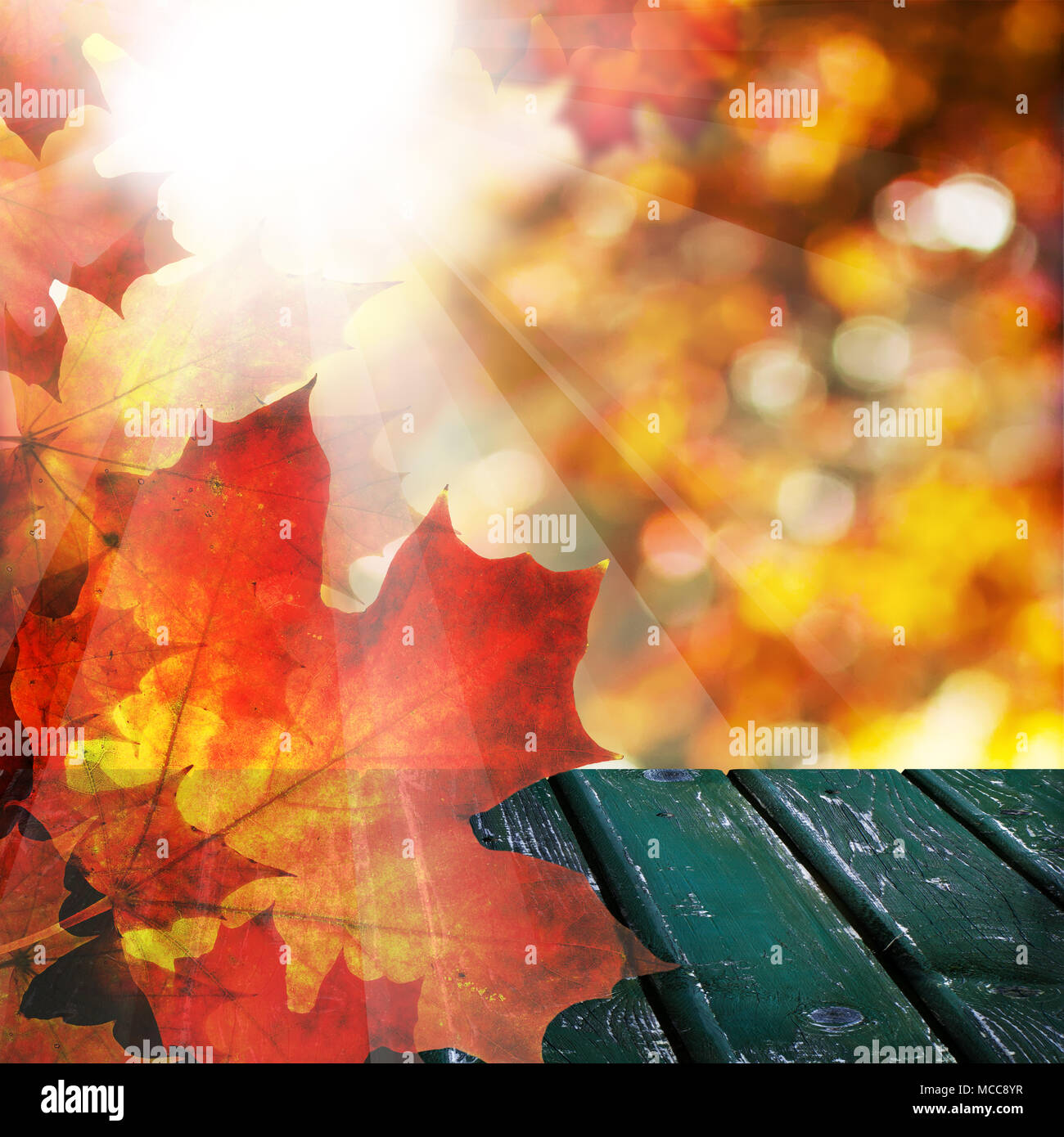 Autunno sfondo con foglie di autunno, Svuotare tavolo in legno, giallo Bokeh di fondo. Paese Modello per esterni per la visualizzazione del prodotto Foto Stock