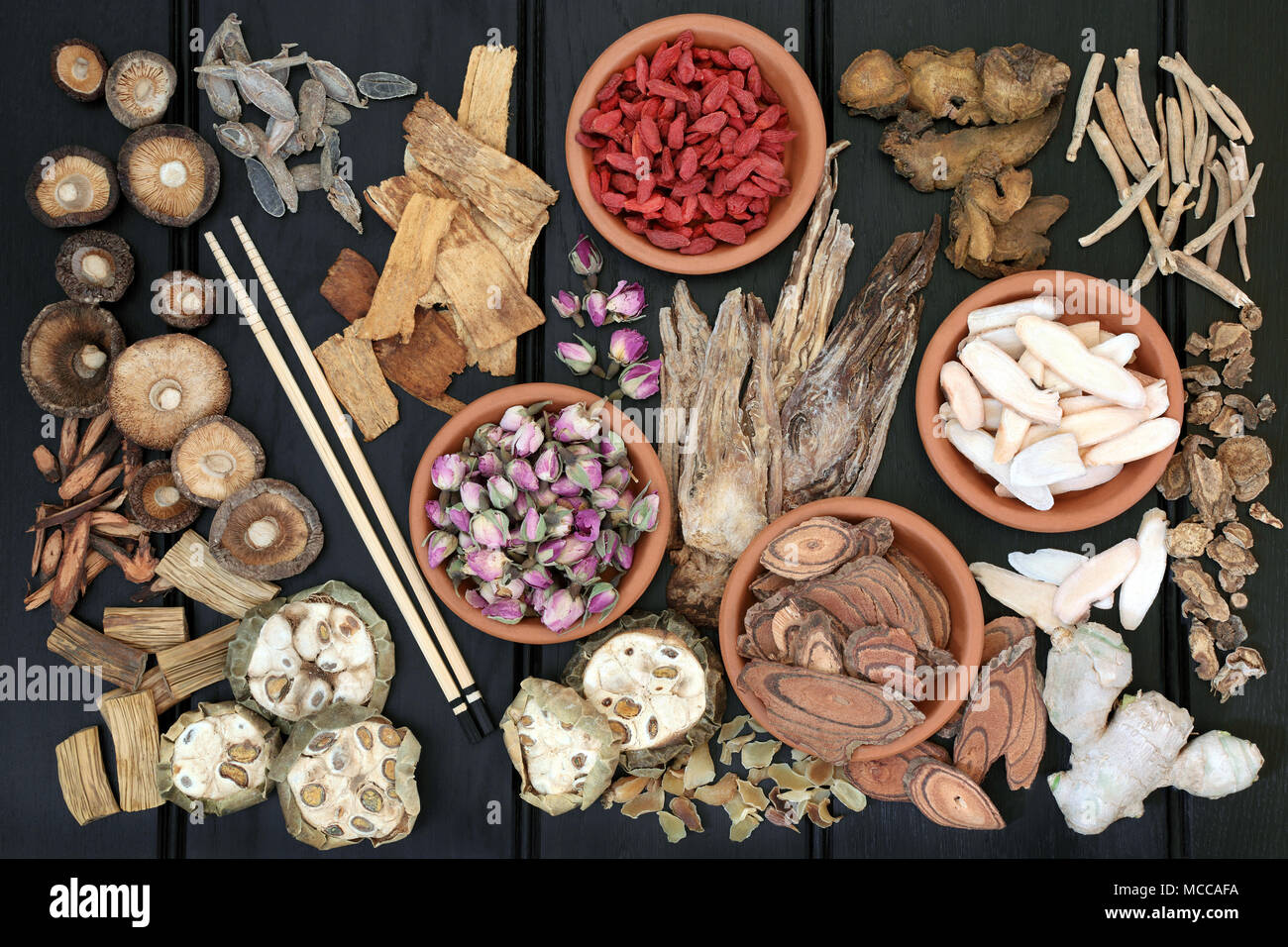 Cinese tradizionale erbe usate in medicina di erbe in ciotole di terracotta e allentato sul legno scuro dello sfondo. Foto Stock