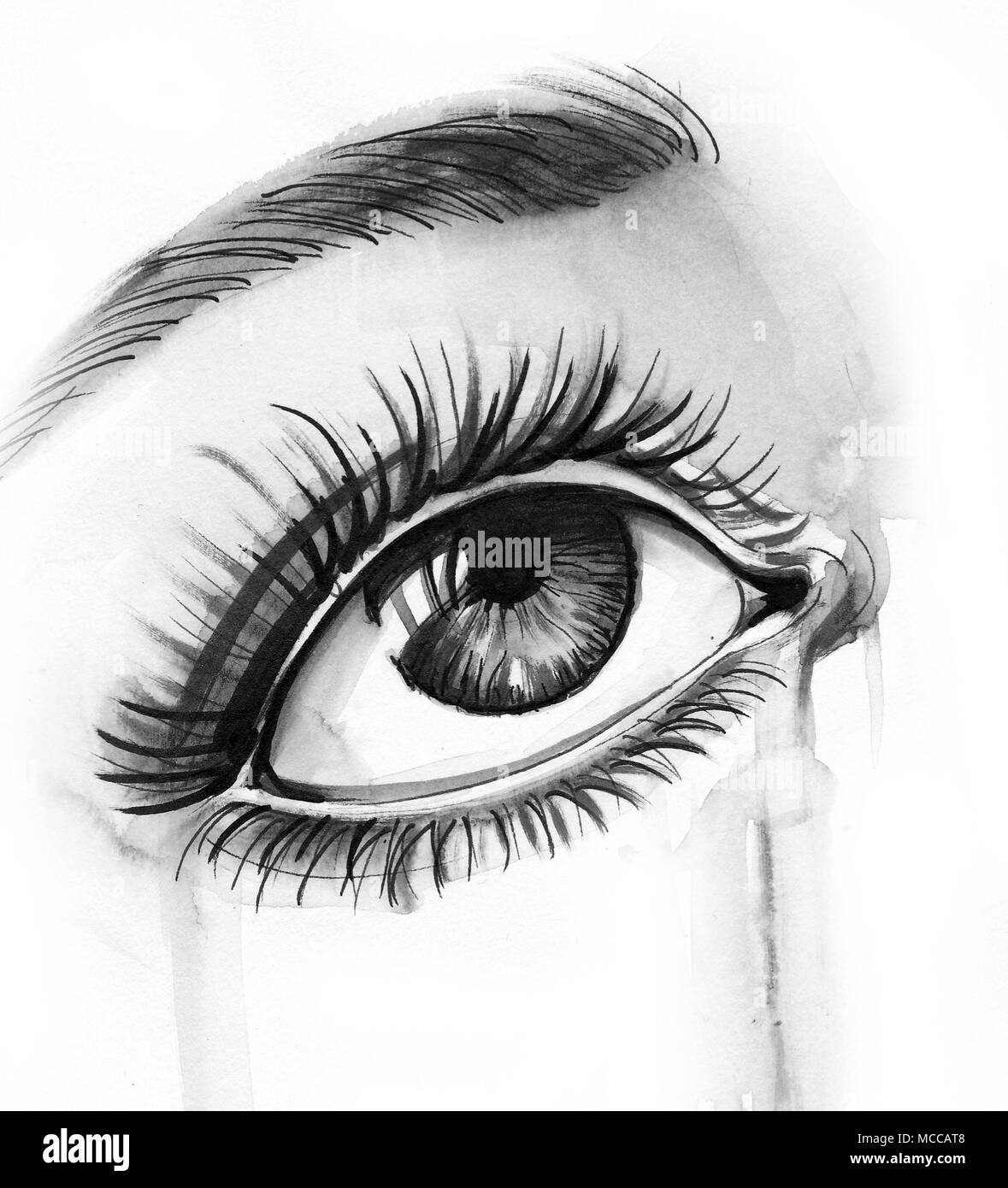 Occhio di pianto. L'inchiostro bianco e nero disegno Foto stock - Alamy