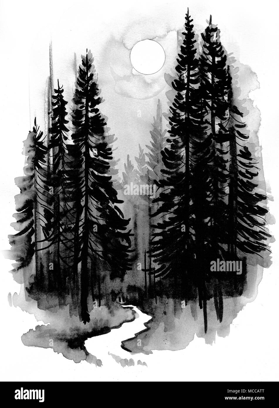 Percorso nella foresta scura. Illustrazione di inchiostro Foto Stock