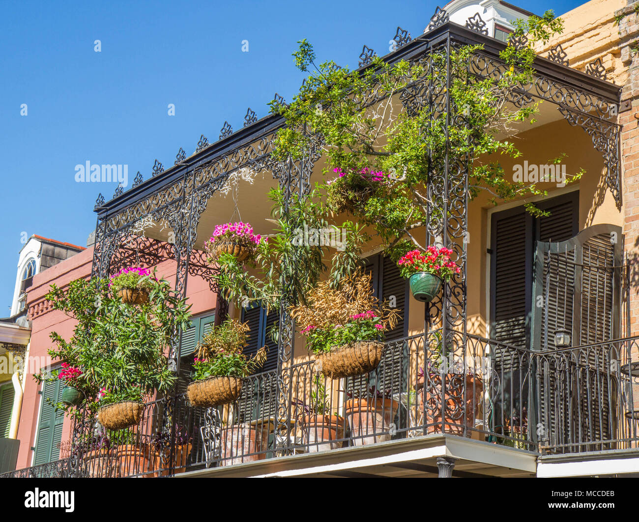 Quartiere Francese di Architettura, New Orleans, Louisiana, Stati Uniti. Costruito nel XVIII secolo spagnolo stile architettonico con dei balconi in ferro. Foto Stock