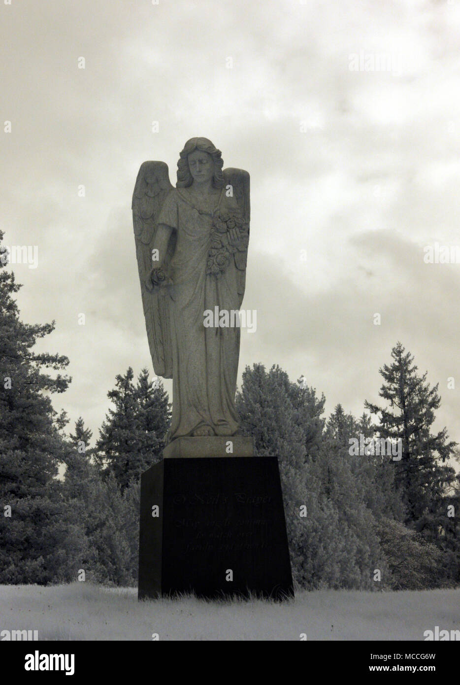 Statua di un angelo su un piedistallo presso il cimitero di Evergreen-Washelli nel nord di Seattle, Washington. Infrarossi. Foto Stock