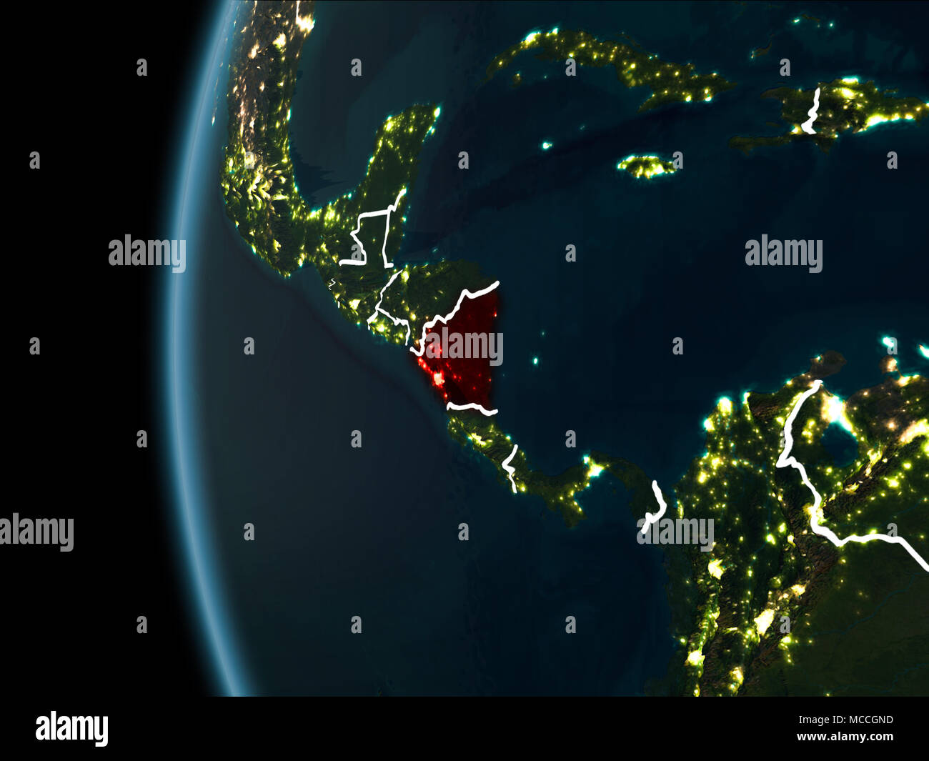 Vista orbita del Nicaragua evidenziata in rosso con confini visibili e luci della città sul pianeta terra di notte. 3D'illustrazione. Gli elementi di questa immagine Foto Stock