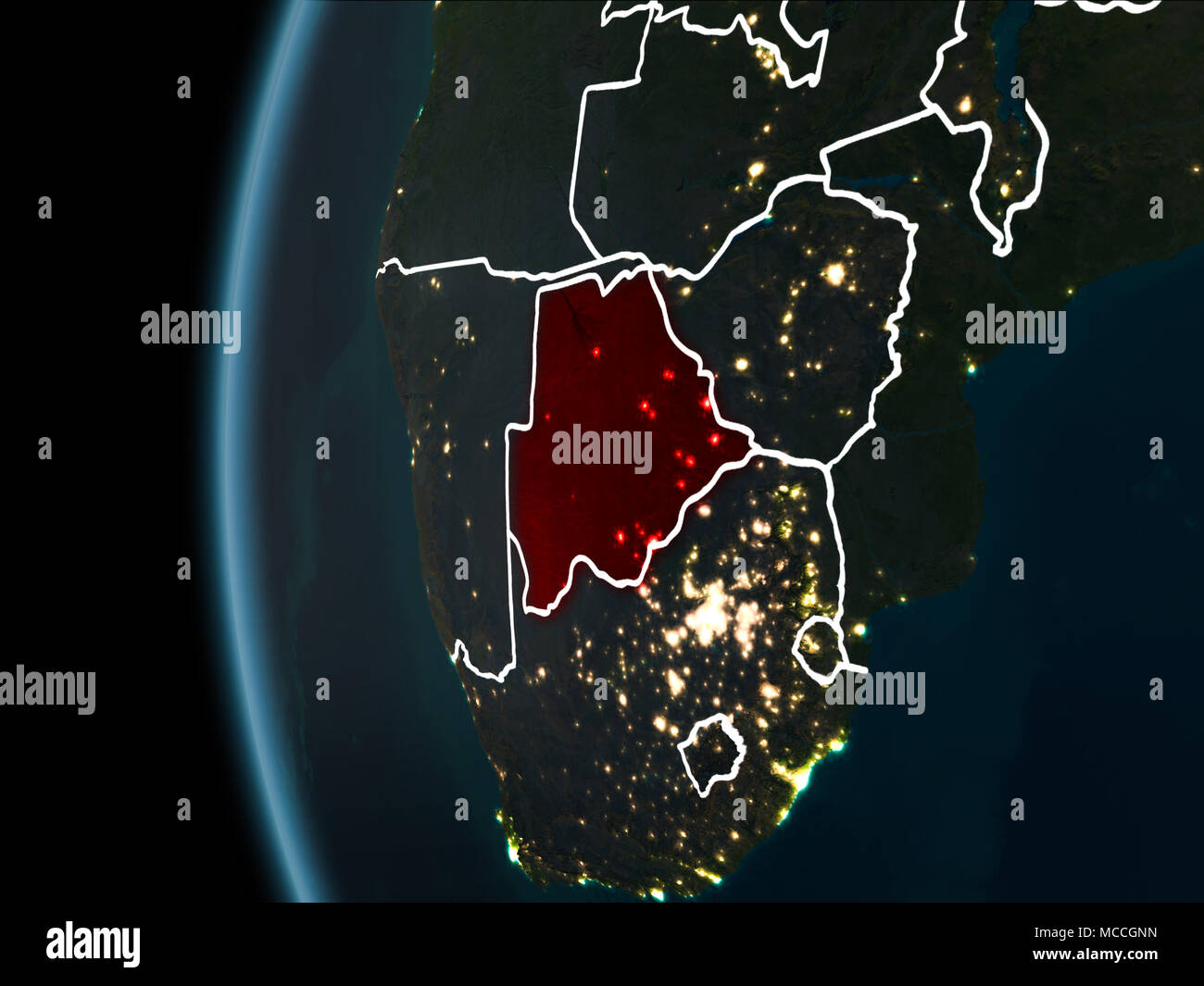 Vista orbita del Botswana evidenziata in rosso con confini visibili e luci della città sul pianeta terra di notte. 3D'illustrazione. Gli elementi di questa immagine f Foto Stock