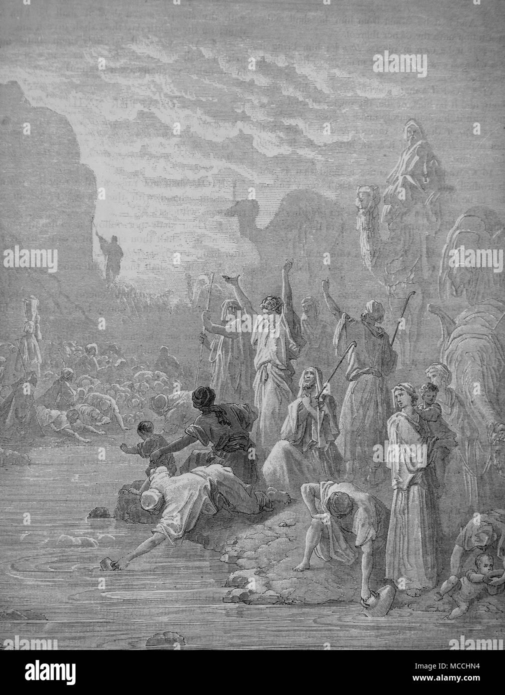 Mosè che colpisce la roccia in Horeb. La Bibbia illustrazione di Gustave Doré. Foto Stock