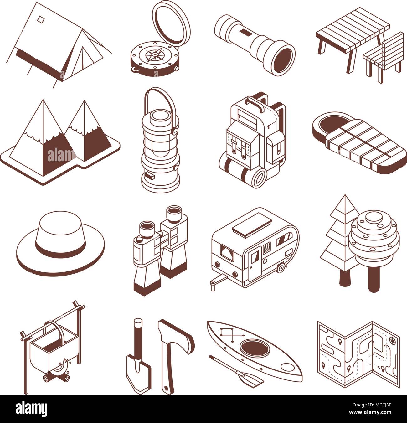 Campeggio e escursionismo isometrica Icone monocromatiche Illustrazione Vettoriale