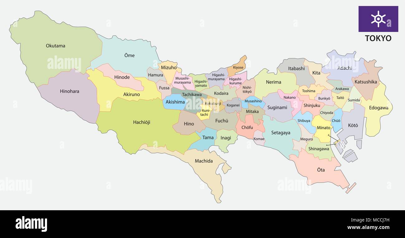 Prefettura di Tokyo politica e amministrativa di mappa vettoriale con bandiera Illustrazione Vettoriale
