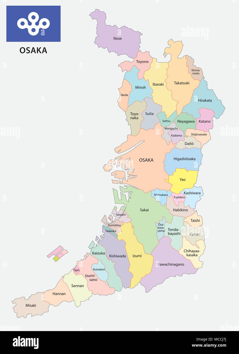 Prefettura di Osaka politica e amministrativa di mappa con bandiera Illustrazione Vettoriale