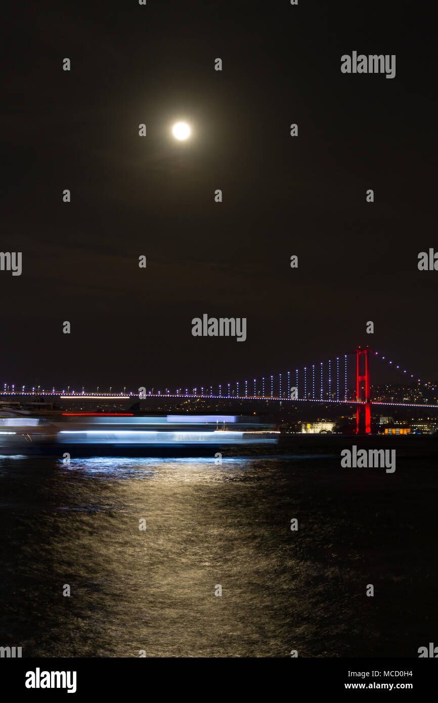 Super sangue Blu Moon oltre lo stretto del Bosforo, città di Istanbul, Turchia Foto Stock