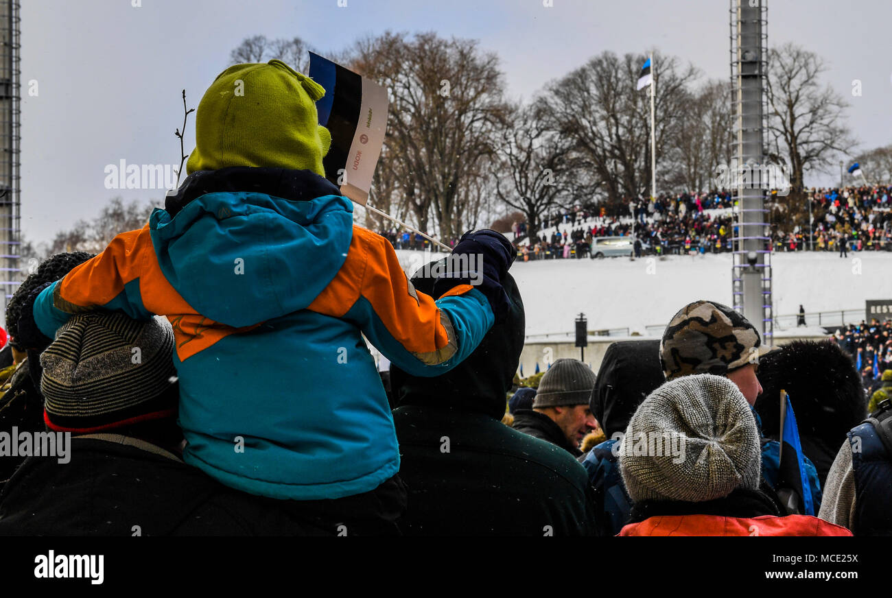 Spettatori guarda il Centenario dell Indipendenza estone parata del giorno nella città capitale di Tallinn, Feb. 24, come la neve comincia a cadere. U.S. forze dispiegate nella Regione ha partecipato alla sfilata a sostegno dell'Estonia come una Organizzazione del Trattato del Nord Atlantico alleato e rafforzare l impegno degli Stati Uniti per i paesi baltici. (U.S. Air Force foto di Senior Airman Nick Emerick) Foto Stock