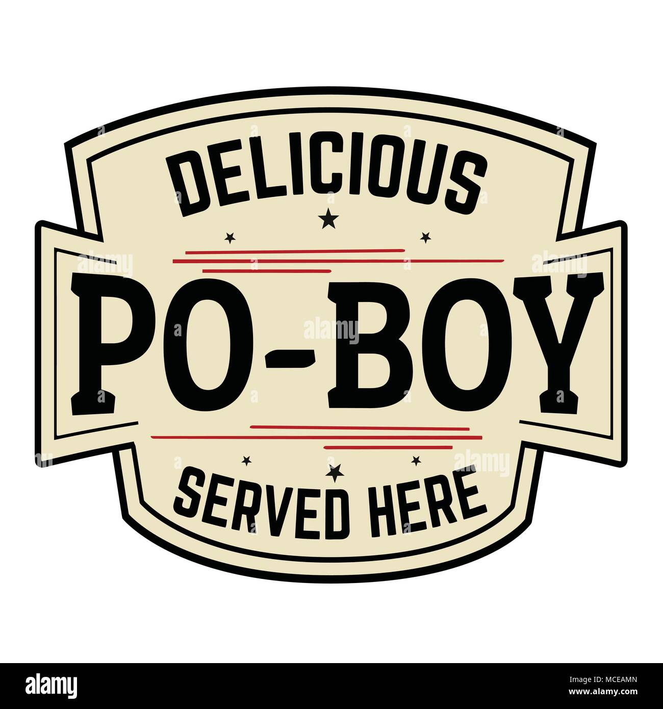 Deliziosa Po-Boy etichetta o icona su sfondo bianco, illustrazione vettoriale Illustrazione Vettoriale