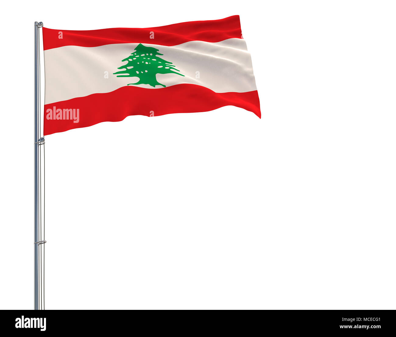 Isolare la bandiera del Libano su un pennone che fluttua nel vento su uno sfondo bianco, rendering 3D Foto Stock