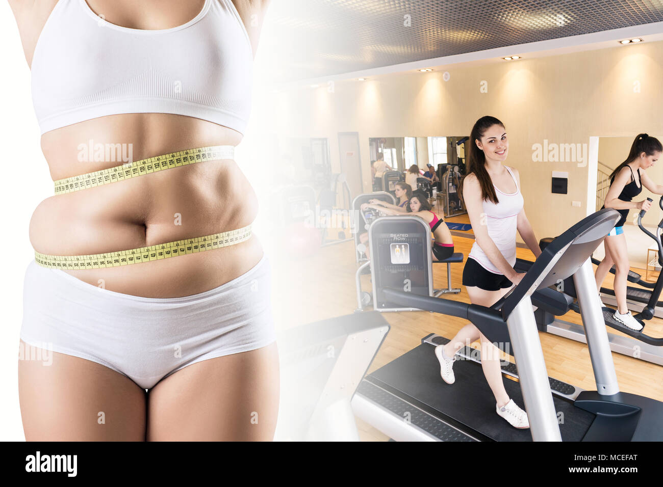 Collage di donna grassa misurando il suo ventre su donne sportivo in palestra. Foto Stock