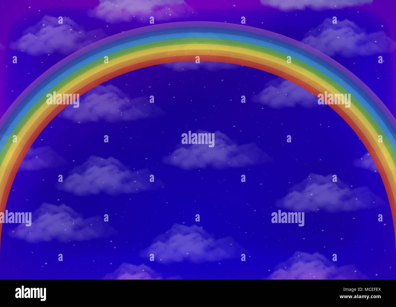 Paesaggio con sfondo luminoso arcobaleno colorato sul cielo blu con nuvole bianche e stelle. Eps10, contiene i lucidi. Vettore Illustrazione Vettoriale