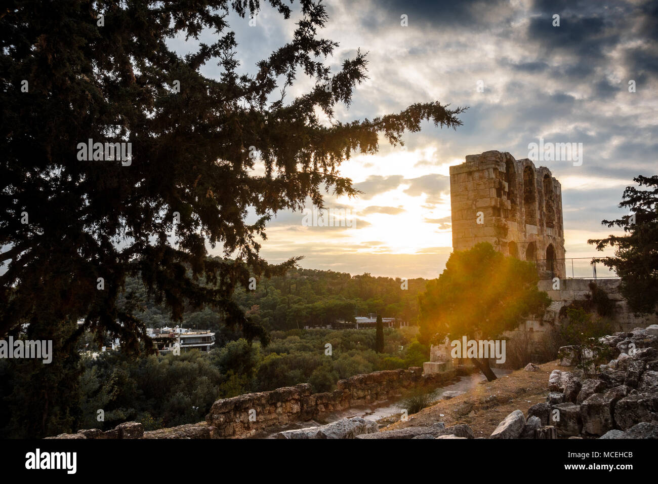 Vista di Acropolis - Atene al crepuscolo, Grecia, Europa Foto Stock