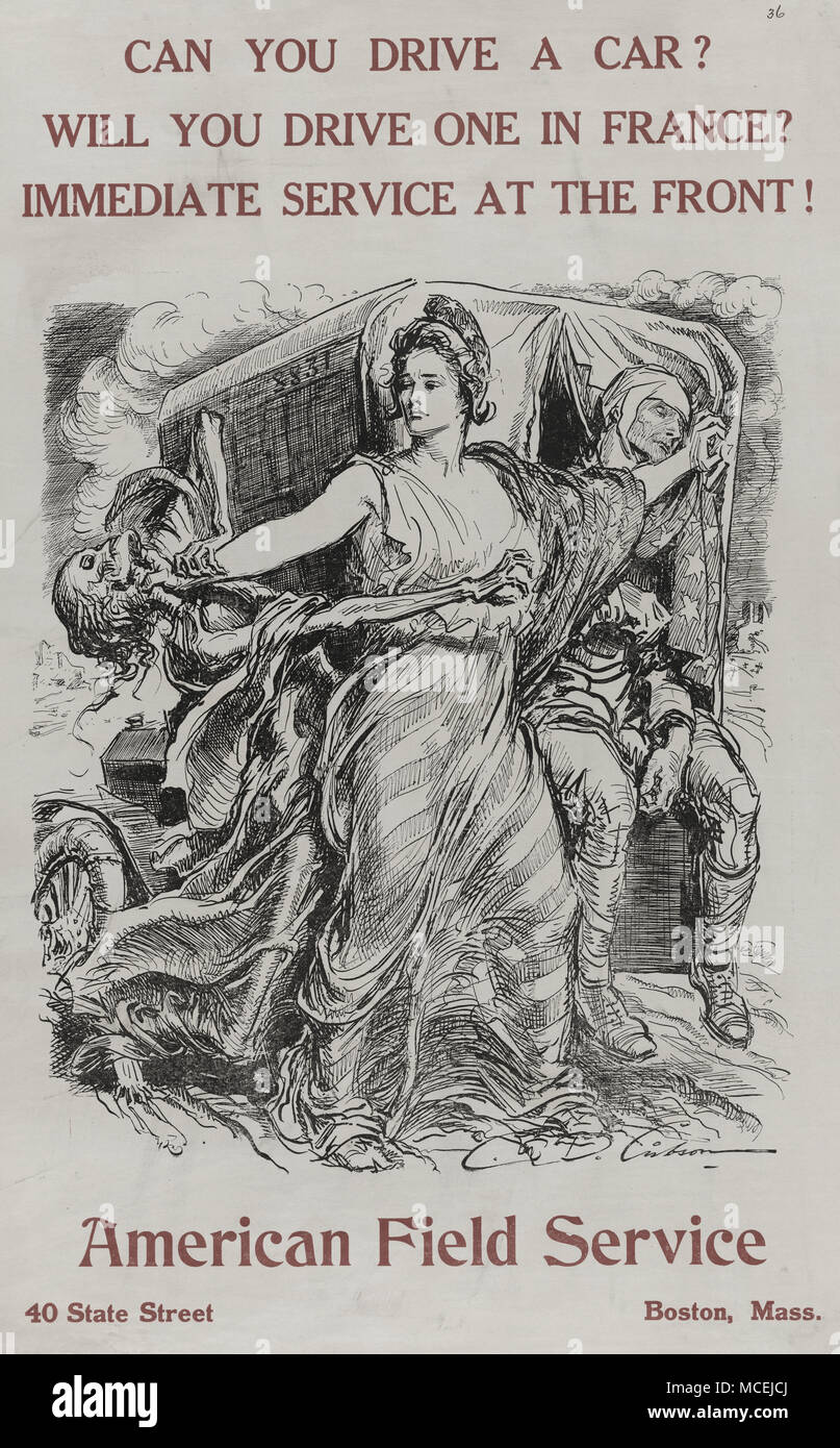 È possibile guidare un auto?--sarà possibile guidare uno in Francia?--servizio immediato nella parte anteriore! - Poster Liberty fending off la morte come lei protegge un soldato ferito. Poster di reclutamento 1917 Foto Stock