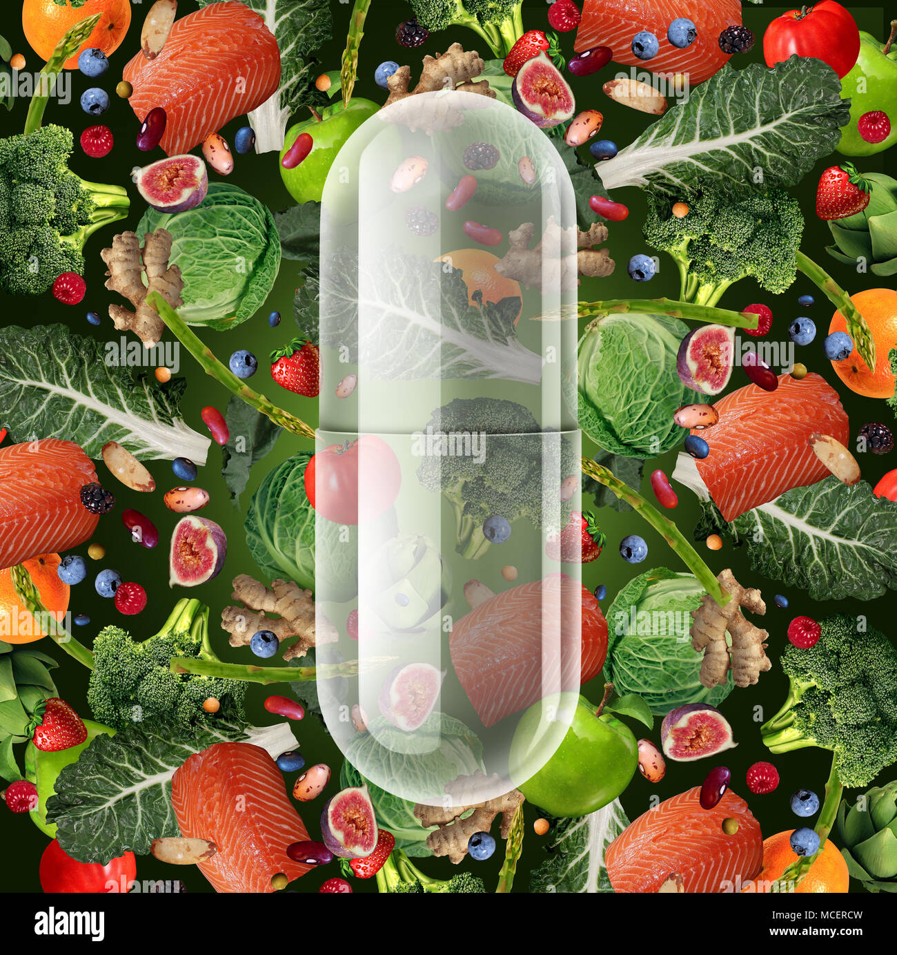 Supplemento pillola alimentari naturali e capsula di vitamina come alternativa alla nutrizione remedy come una dieta supplementare tablet con 3D'illustrazione degli elementi. Foto Stock