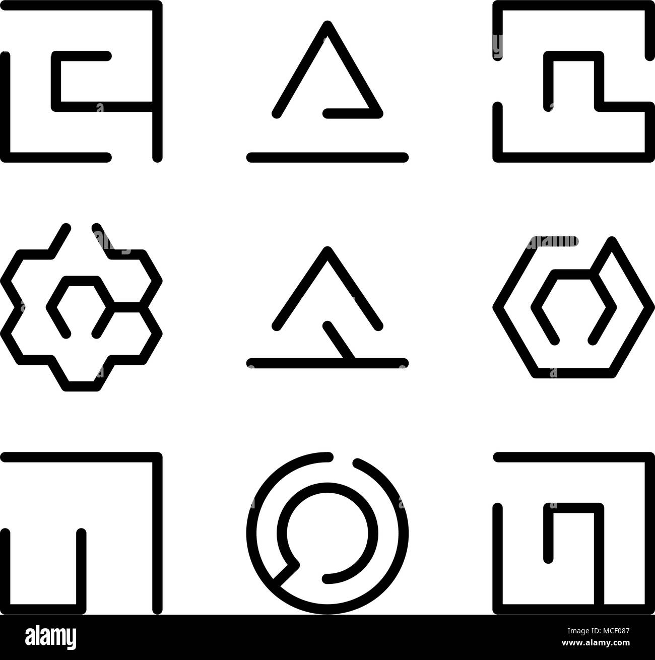 Set di labirinto labirinto sottile icone. Delineato il labirinto logo collection Illustrazione Vettoriale