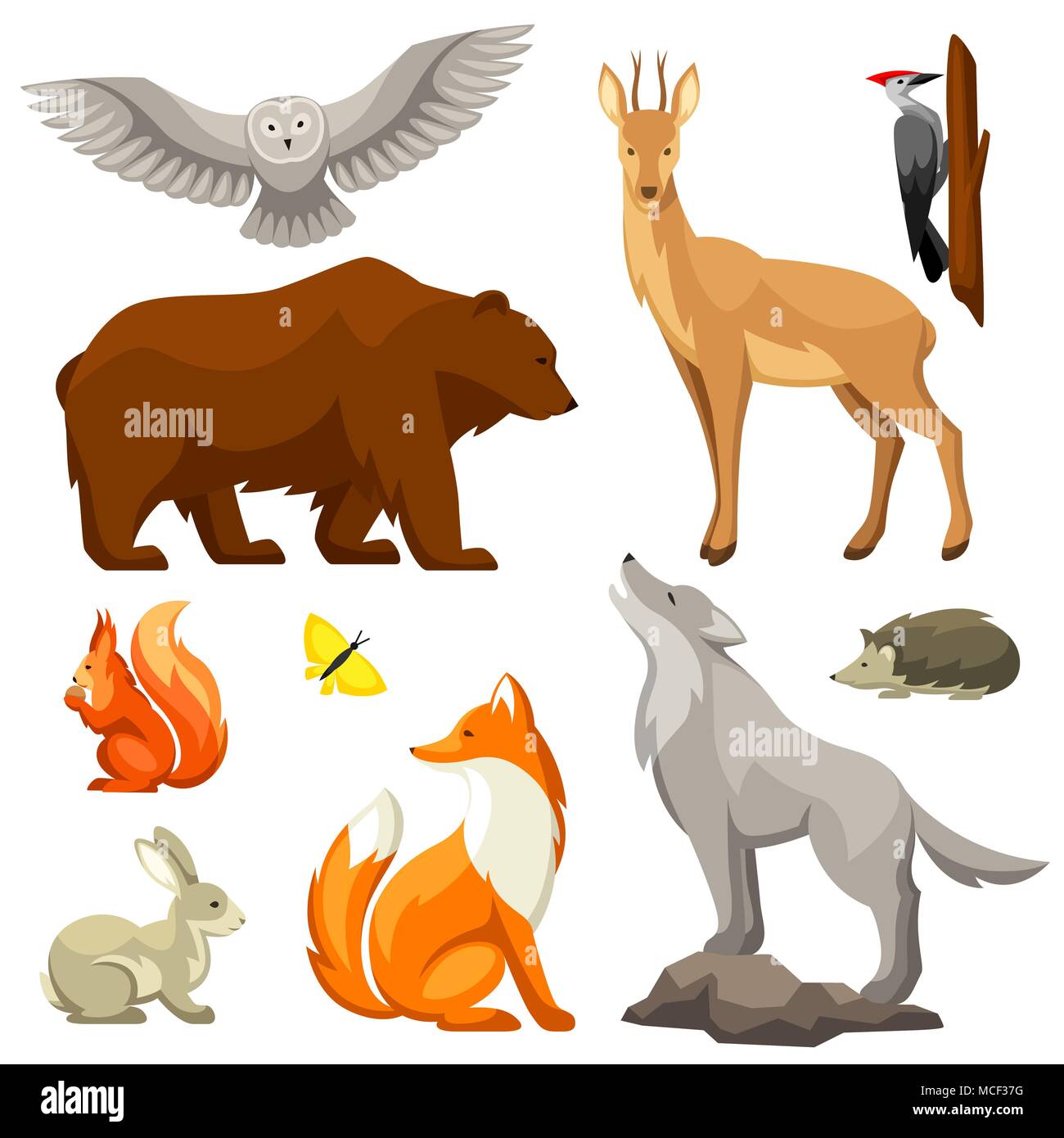 Set Di Bosco Gli Animali Del Bosco E Gli Uccelli Illustrazione Stilizzata Immagine E Vettoriale Alamy