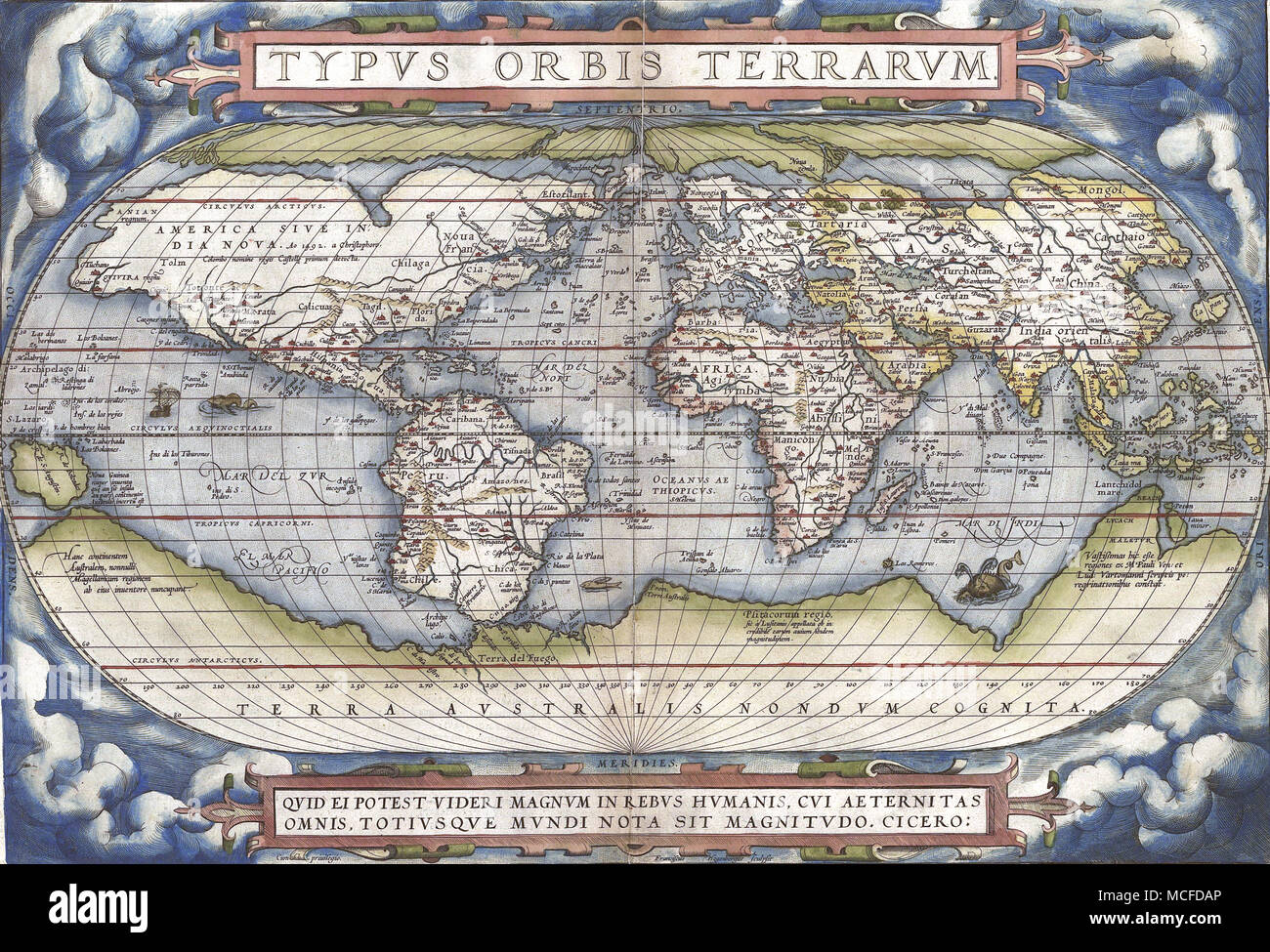 ABRAHAM Ortelius (1527-1598) cartografo fiammingo. Il suo 1570 Typus Orbis Terrarum Foto Stock