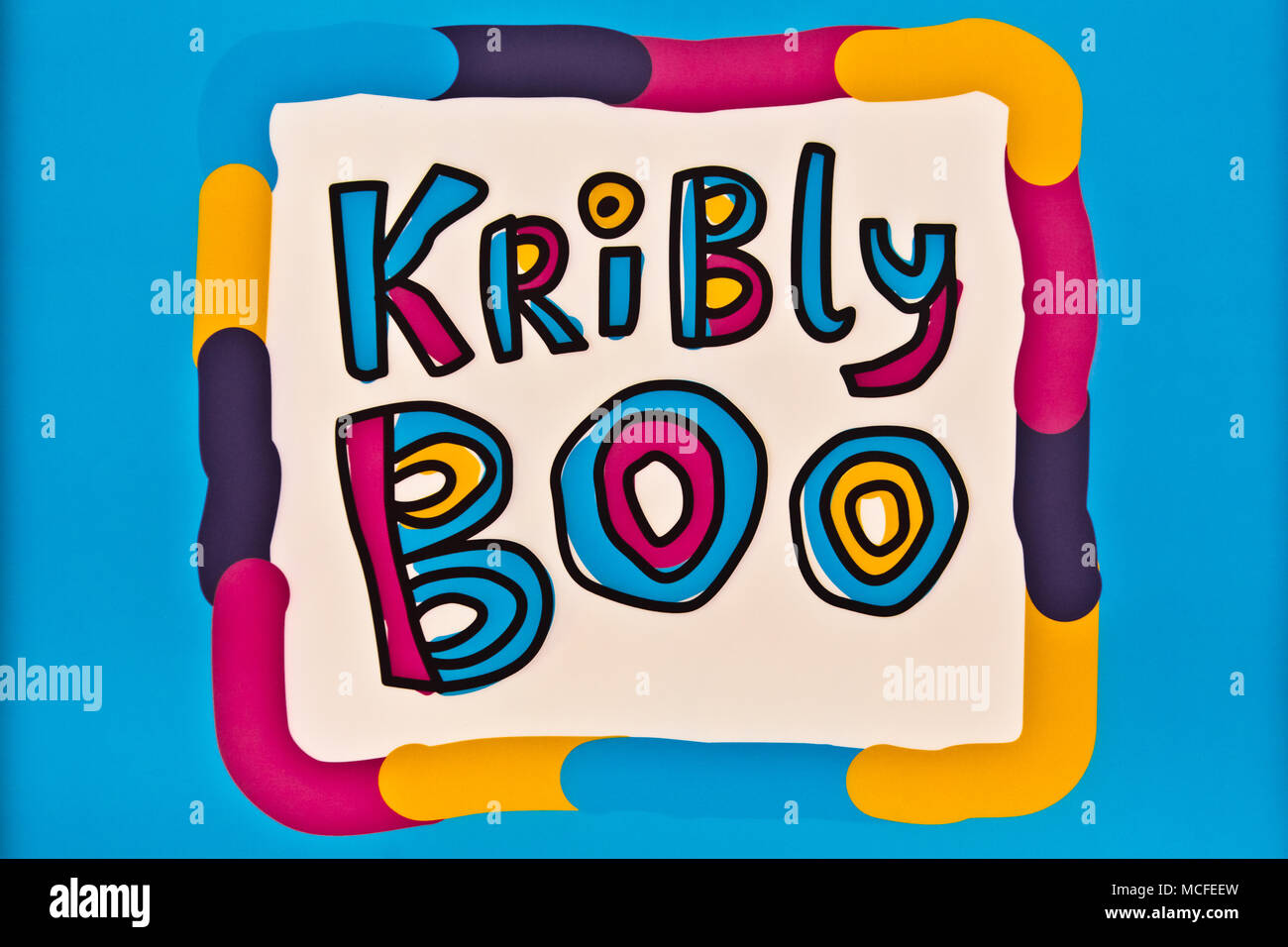 Kribly Boo segno logo stampato sul banner. KriBly Boo è una società che produce giocattoli e giochi didattici per lo sviluppo di la creatività dei bambini Foto Stock