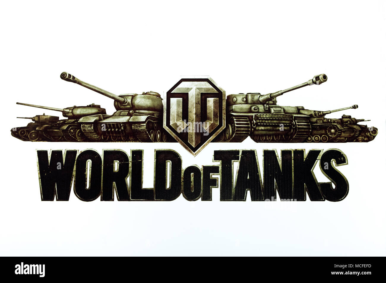 Mondo di serbatoi segno logo stampato sul banner. Mondo dei serbatoi è un gioco multiplayer online sviluppato dalla società Wargaming Foto Stock