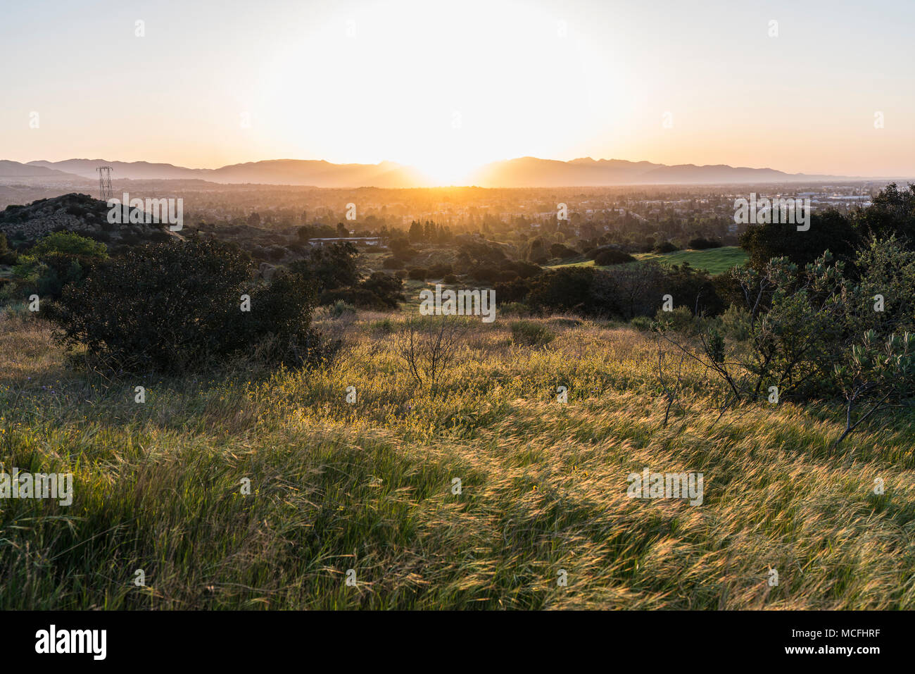 Prato primavera sunrise a Santa Susana State Historic Park nella valle di San Fernando zona di Los Angeles, California. Foto Stock