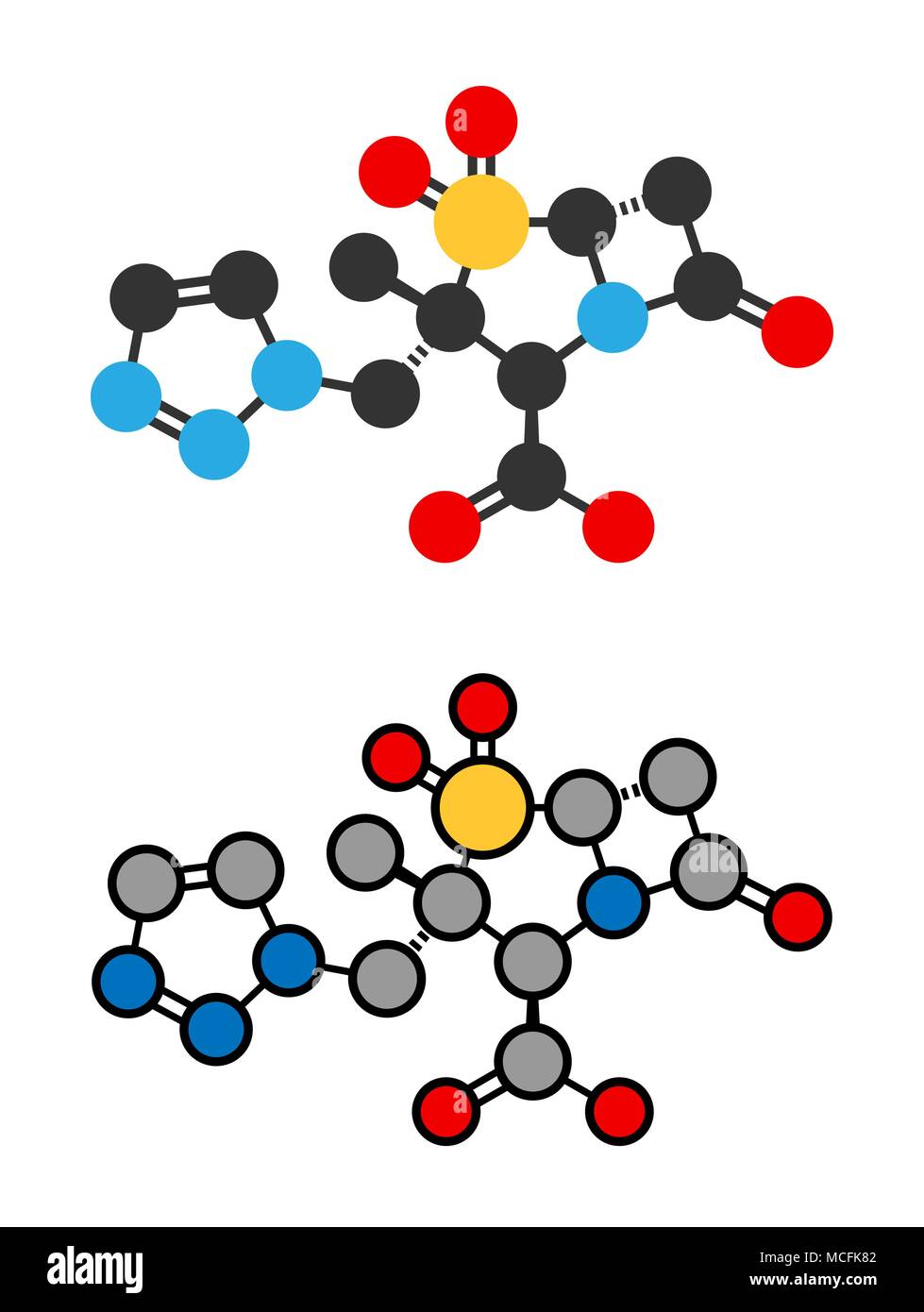 Tazobactam molecola di farmaco. Inibitore di natura batterica beta-lattamasi enzimi. Stilizzata 2D rendering. Illustrazione Vettoriale
