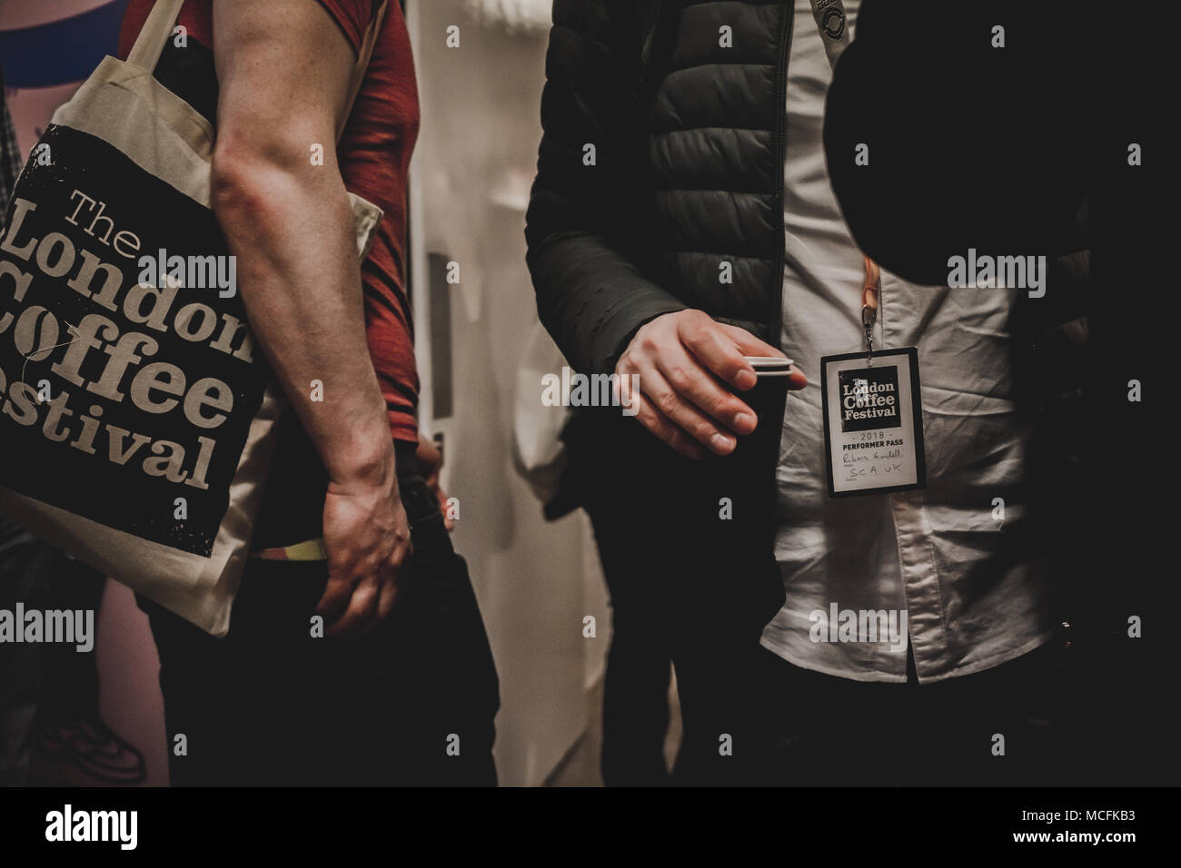 Cordino di marca e tote bag al London Coffee Festival - Aprile 2018 Foto Stock