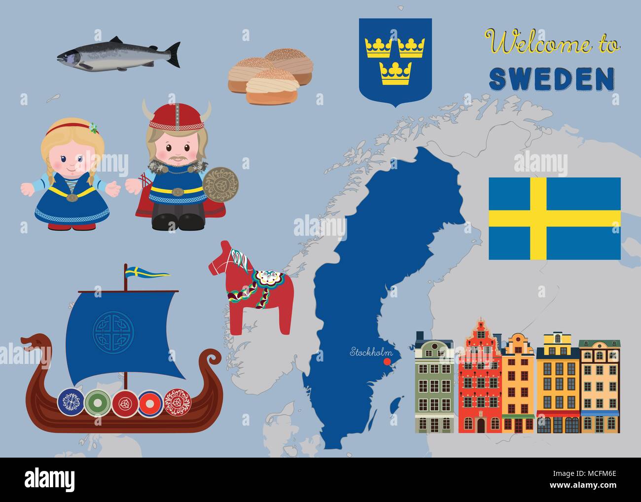 Benvenuti in Svezia, i personaggi dei cartoni animati di vichinghi in antico scandinavo, abbigliamento tradizionale scandinavo del set di simboli. Illustrazione Vettoriale Illustrazione Vettoriale