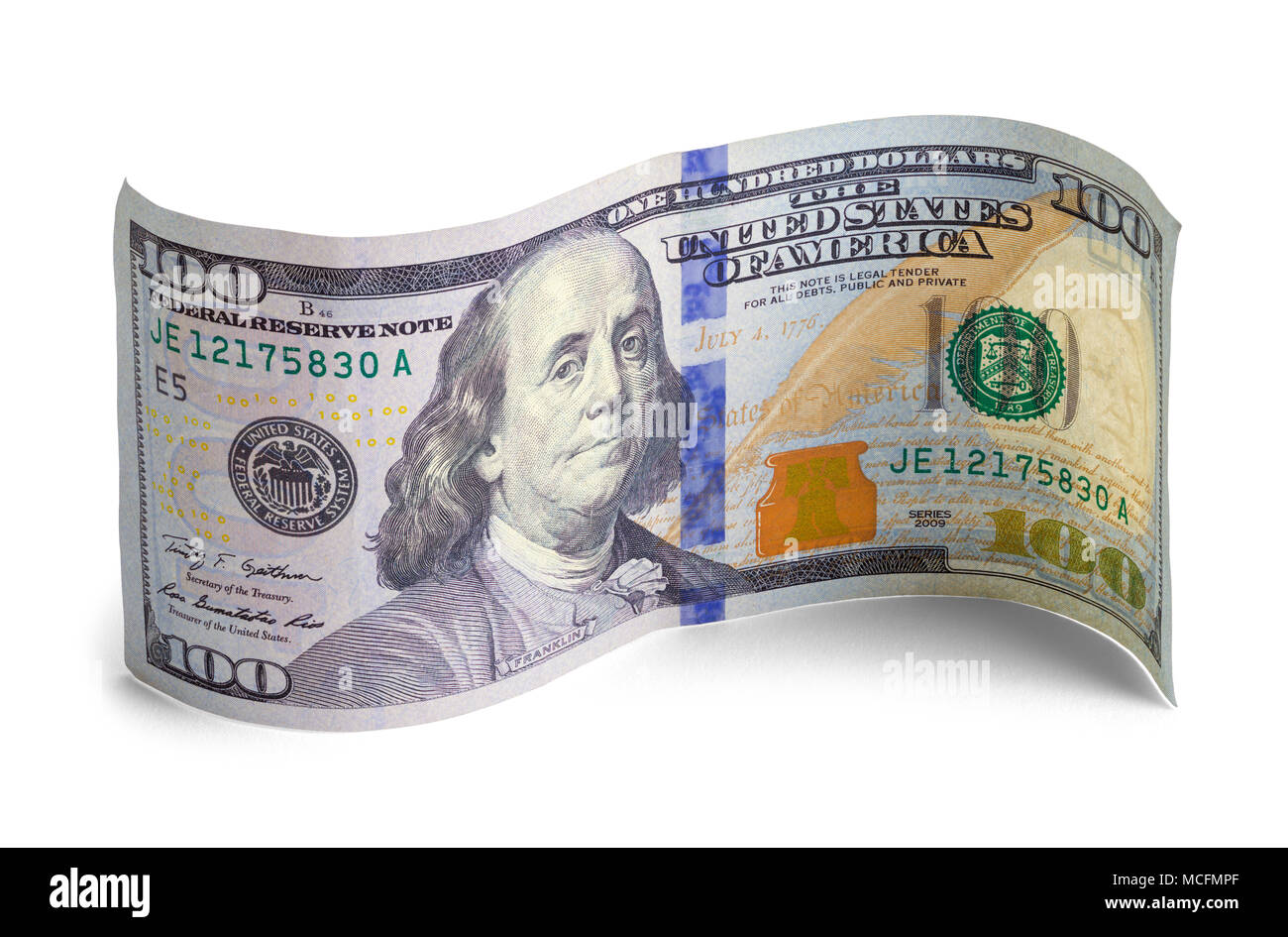 Singola curva centinaia di dollari isolato su uno sfondo bianco. Foto Stock