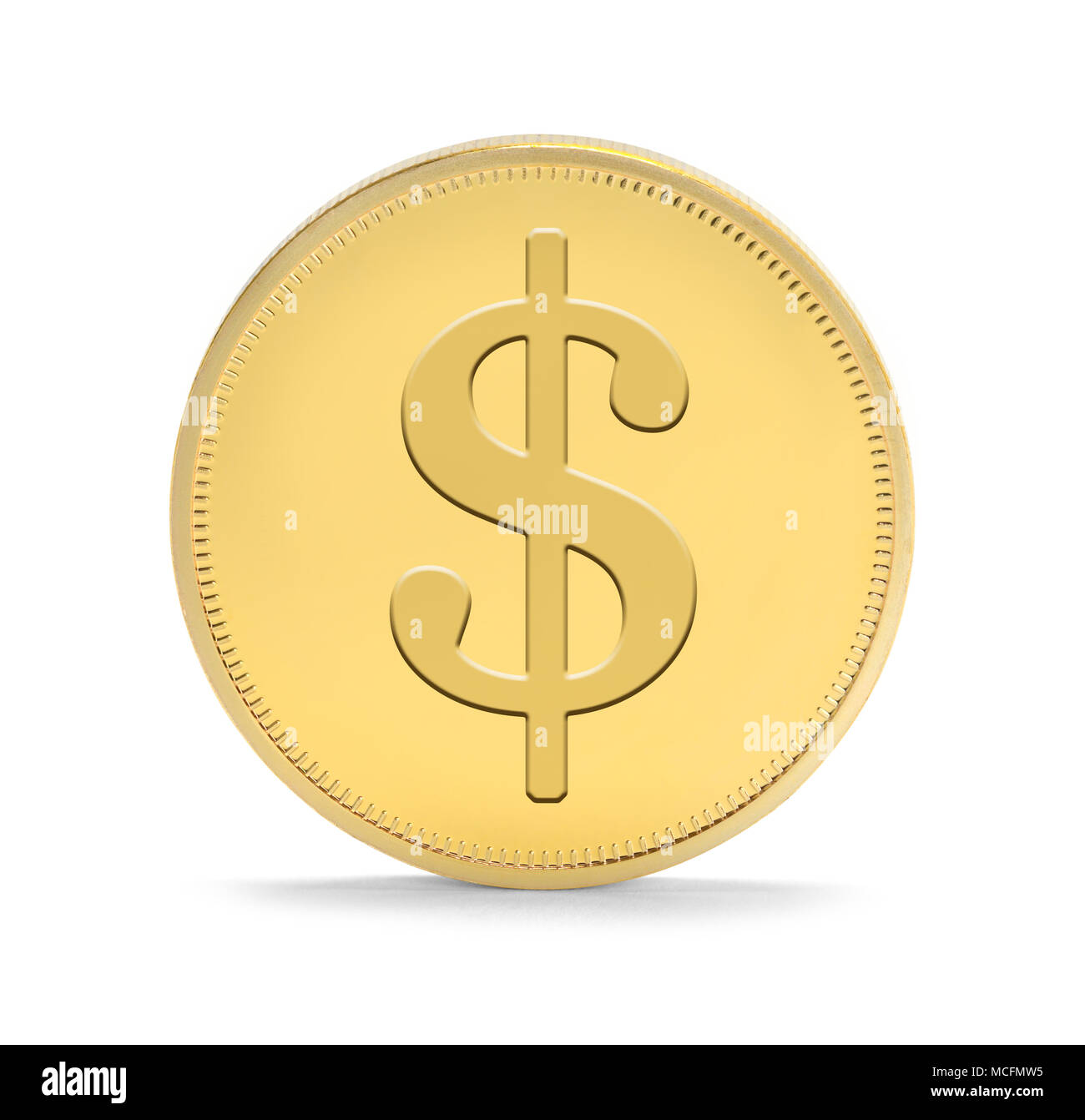 Unica moneta in oro con denaro Simbolo montante isolato su uno sfondo bianco. Foto Stock