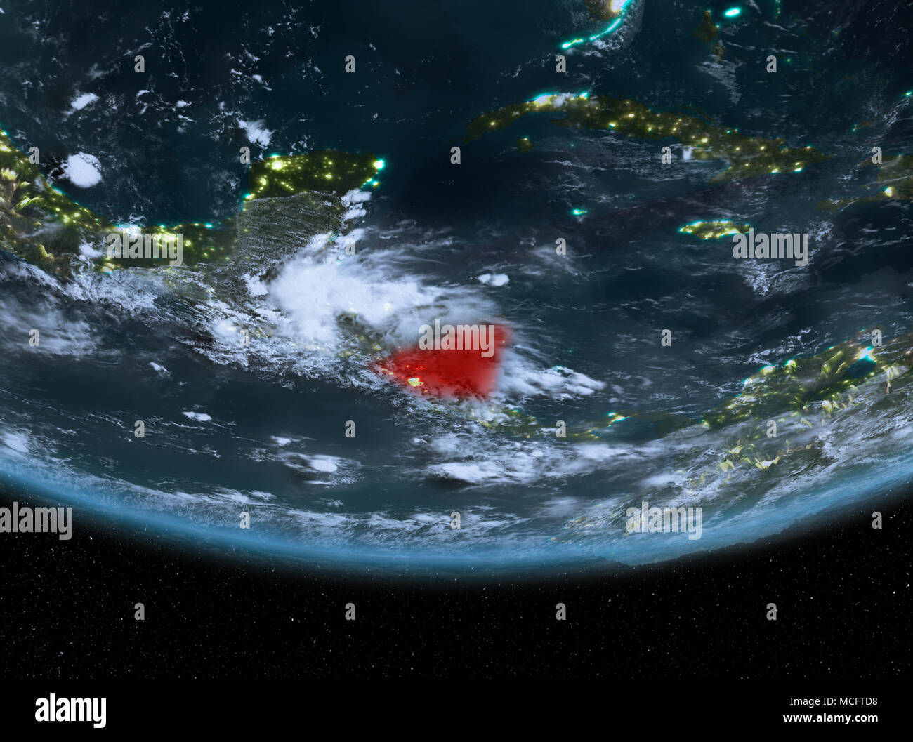 Nicaragua di notte evidenziata in rosso sul pianeta Terra con le nuvole. 3D'illustrazione. Gli elementi di questa immagine fornita dalla NASA. Foto Stock
