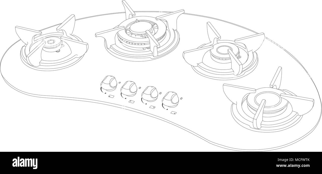 Disegno della linea di cucina del piano piano di cottura a gas Illustrazione Vettoriale