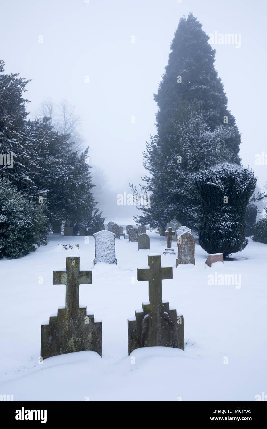 Albero di cedro e lapidi nel cimitero coperto di neve, Chipping Campden, il Costwolds, Gloucestershire, England, Regno Unito, Europa Foto Stock