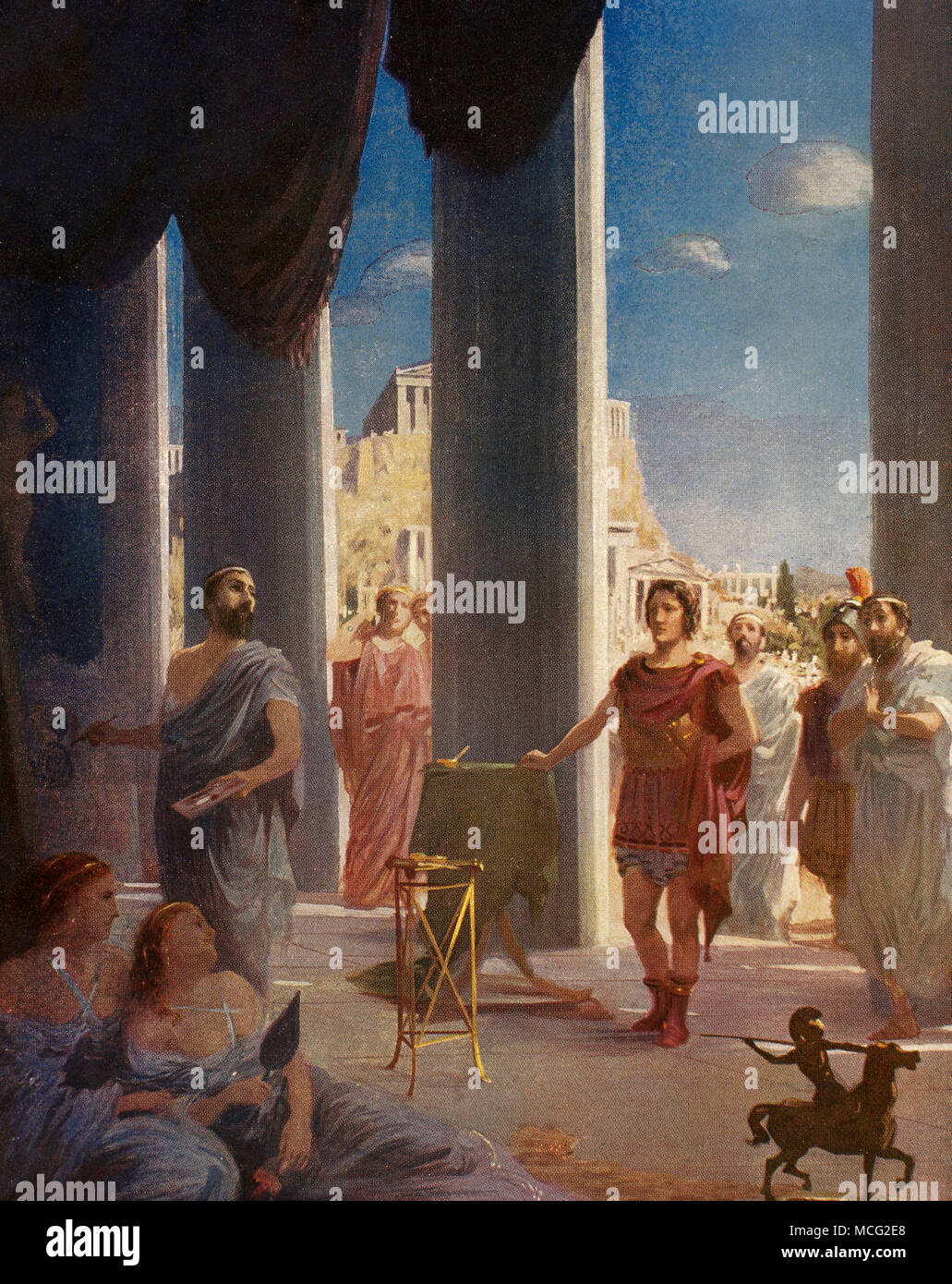 Apelle, che è di Kos (IV secolo a.C.). Pittore della Grecia antica. Alessandro il Grande visitando l'artista Apelle, che è nella sua bottega. Illustrazione a colori. Foto Stock