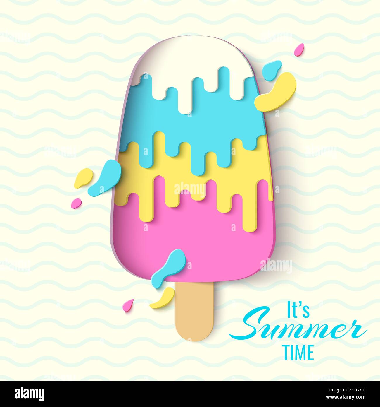 Estate template banner. Carta tagliata gelato sfondo vettoriale. Retro Carta artigianale poster. Illustrazione Vettoriale