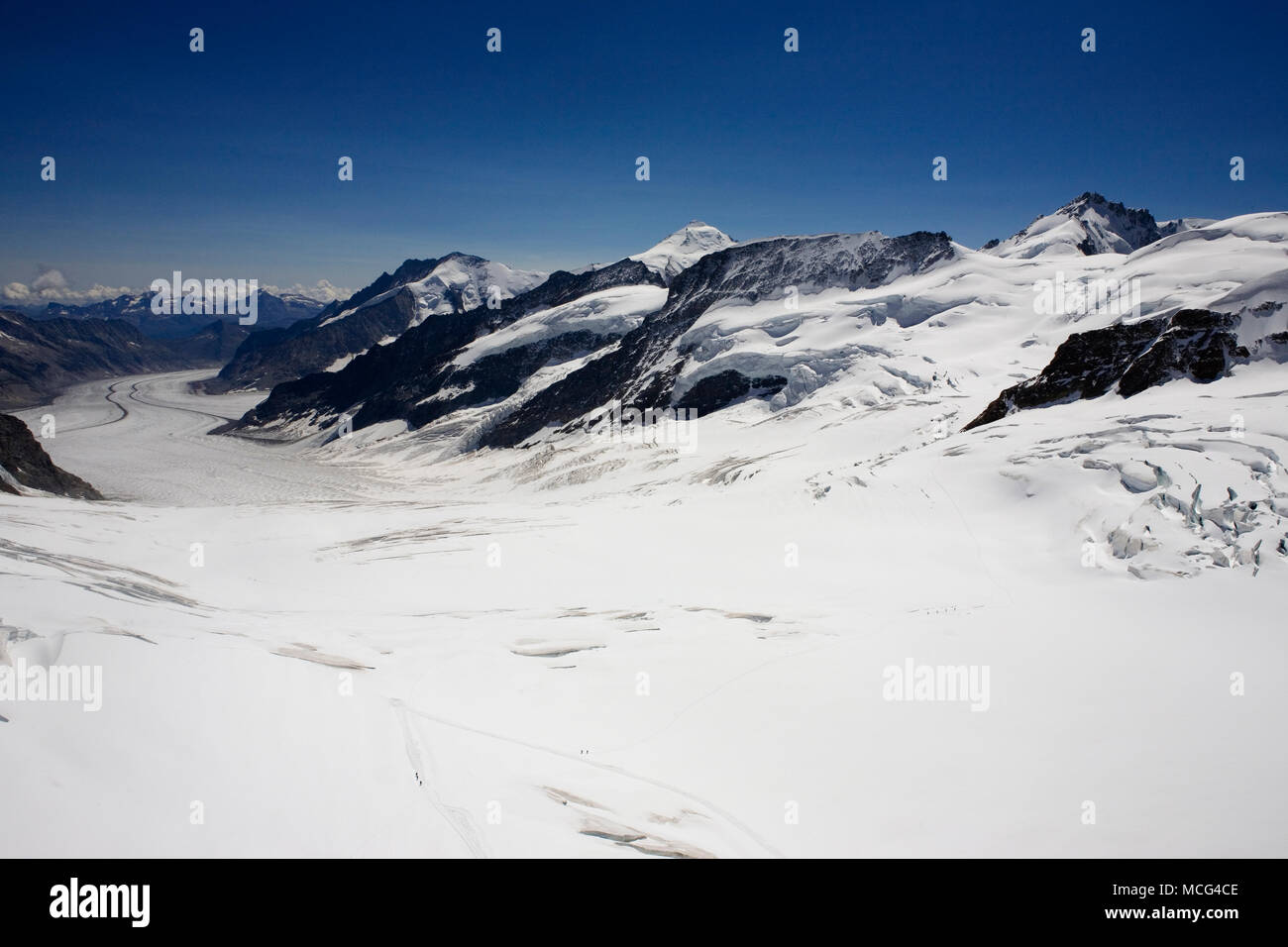 Il Ghiacciaio Jungfraufirn, portando a Konkordiaplatz, dove tre ghiacciai unirsi formando il grande ghiacciaio di Aletsch, Oberland bernese, Svizzera Foto Stock