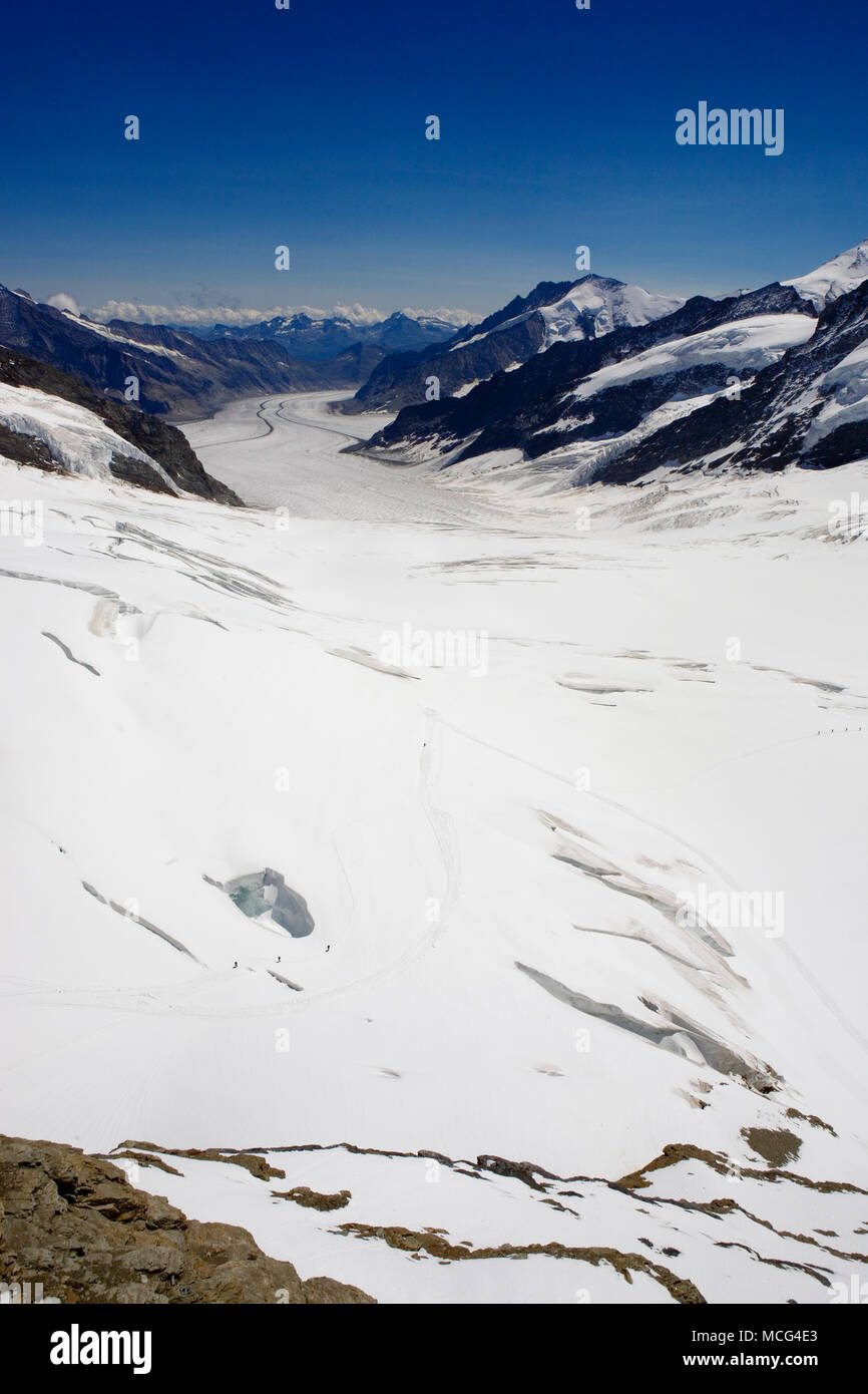 Il Ghiacciaio Jungfraufirn in primo piano, con piccole figure vicino a enormi crepacci, guardando verso Konkordiaplatz, Oberland bernese, Svizzera Foto Stock