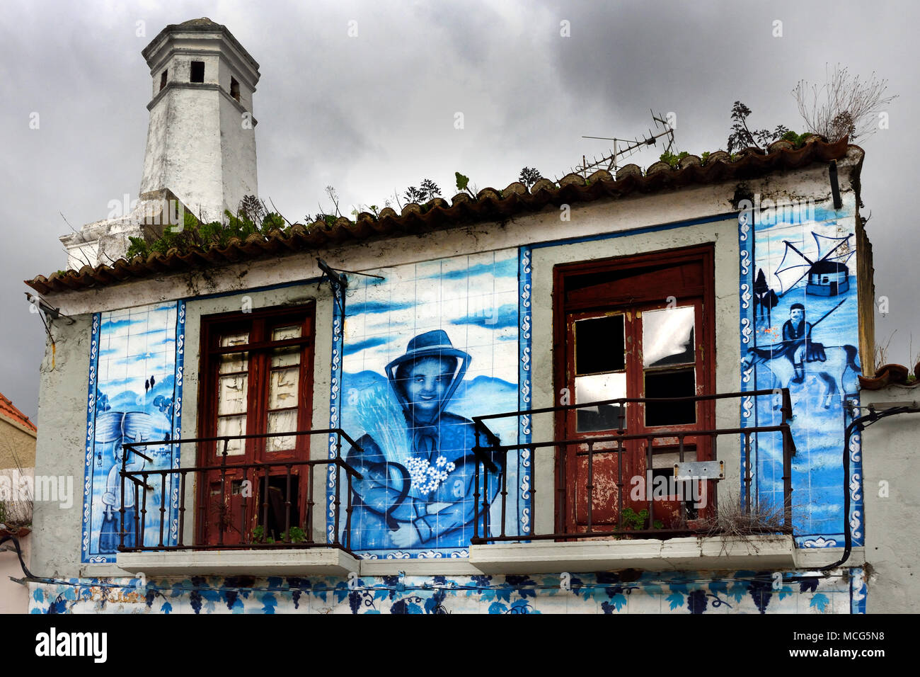 Pannello con azulejos piastrelle Setubal, Porto, il mercato del pesce, Portogallo, portoghese, Azulejos , Foto Stock