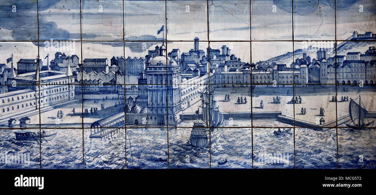 Il vecchio porto di vecchio e storico Lisbona Lisboa sul Fiume Tagus ( Waterfront - pannello con azulejos piastrella di lavoro ) Portogallo portoghese. Foto Stock