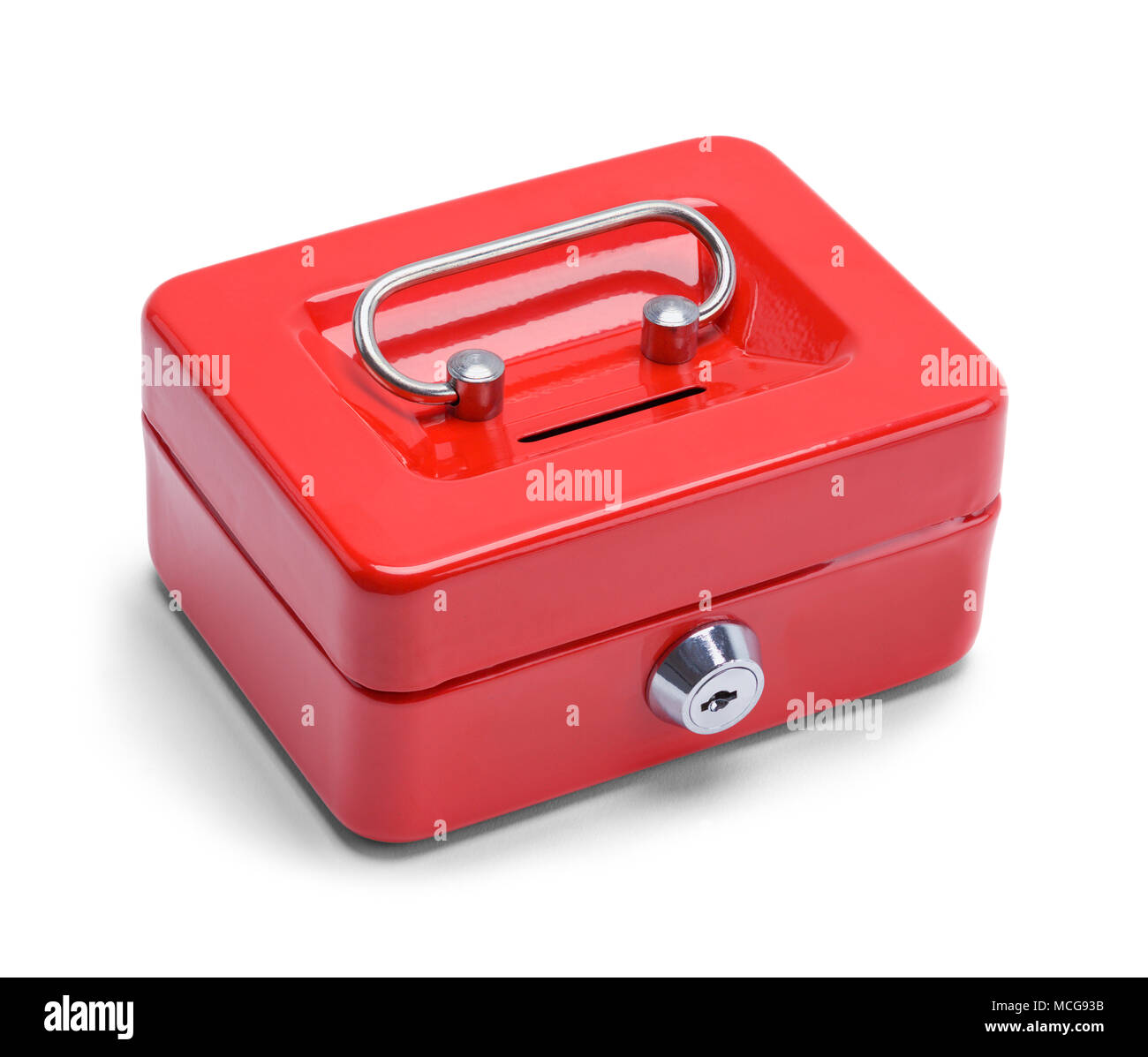 Piccolo metallo denaro Box isolato su uno sfondo bianco. Foto Stock