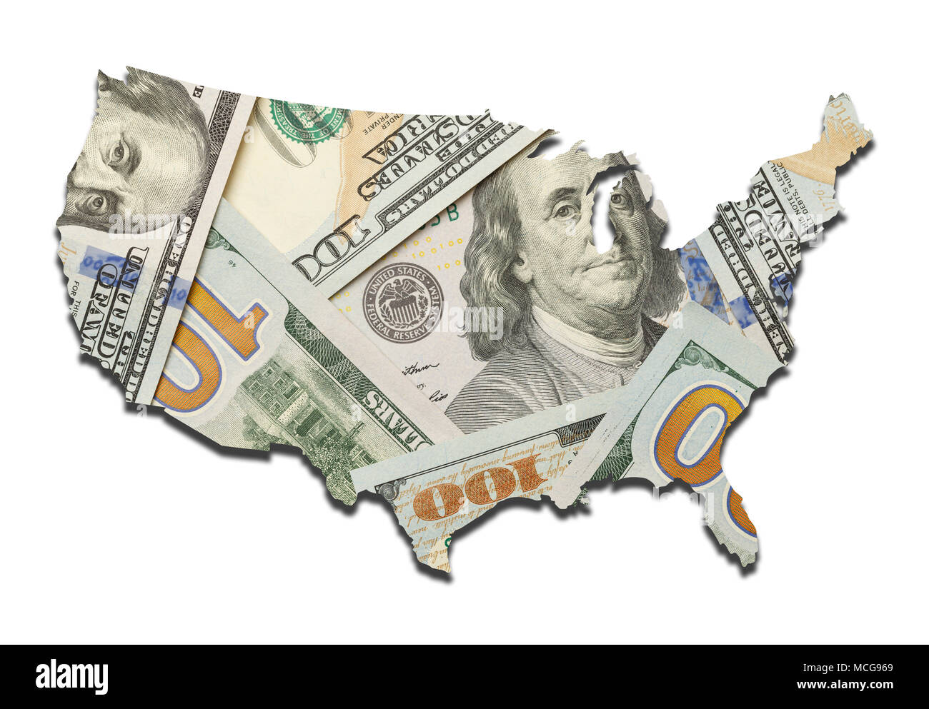 Centinaia di Dollari USA Mappa isolati su sfondo bianco. Foto Stock