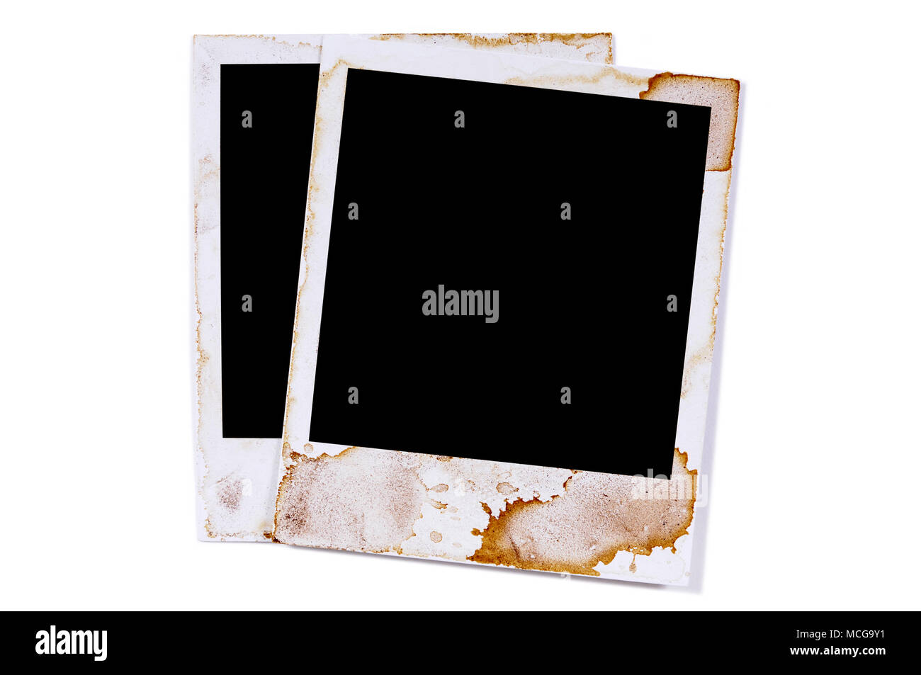 Due vecchie vintage colorato stile polaroid blank foto stampa di fotogrammi isolati su sfondo bianco Foto Stock