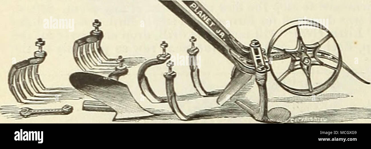 . S"&GT; gioiello coltivatore e la ruota Hoe, doppio. Il " Gioiello" è in grado di essere rapidamente regolato in profondità o larghezza di lavoro o di altezza delle maniglie. Come mostrato in taglio è dotato di quattro esili denti di agitazione, ciascuno costituito da un unico pezzo di acciaio, unexcelled per il lavoro accurato, soprattutto nel duro suolo; una coppia di lato curvo le zappe, particolarmente destinati per l'uso tra le piccole piante; inoltre una coppia di aratri per gettare o dalla riga o per l'apertura di solchi. Le ' norme di questi zappe e gli aratri sono di mallea- ble e ferro battuto. $6.00. Controbattitore coltello di patate. Foto Stock