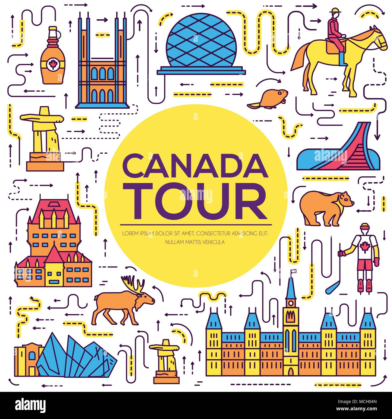 Paese Canada travel vacation Una infografica di luogo e di funzione. Set di architettura, la moda, la gente, la voce della natura il concetto di sfondo. Una infografica tradizionali piatti etnici, contorno, thin line icona Illustrazione Vettoriale