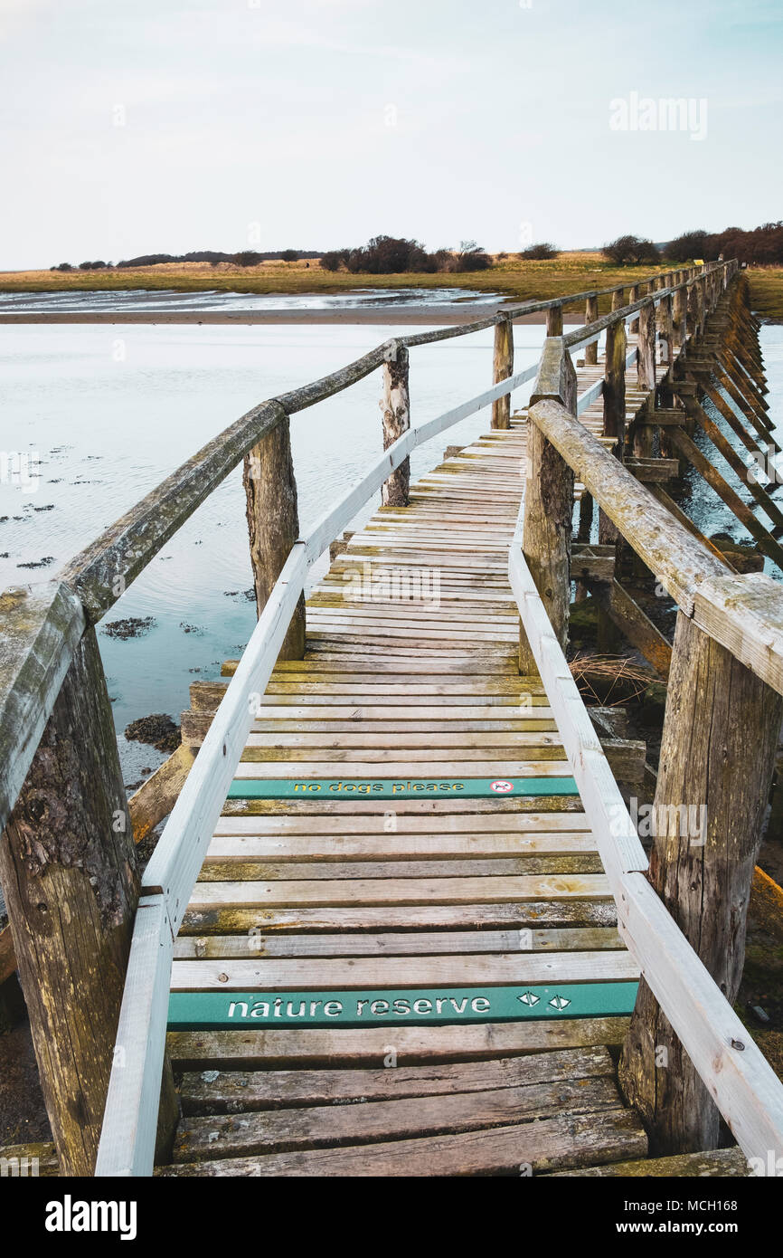 Vista della passerella in legno che conduce a a Aberlady Bay Riserva naturale sulla costa del Firth of Forth Estuary in East Lothian, Scozia, Regno Unito Foto Stock