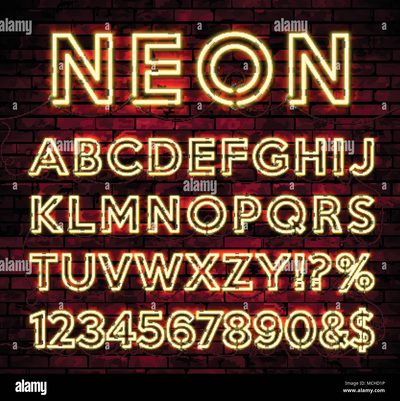 Neon luminoso alfabeto scuro su un muro di mattoni dello sfondo. Il numero del vettore e il simbolo con la brillante effetto bagliore. Illustrazione Vettoriale